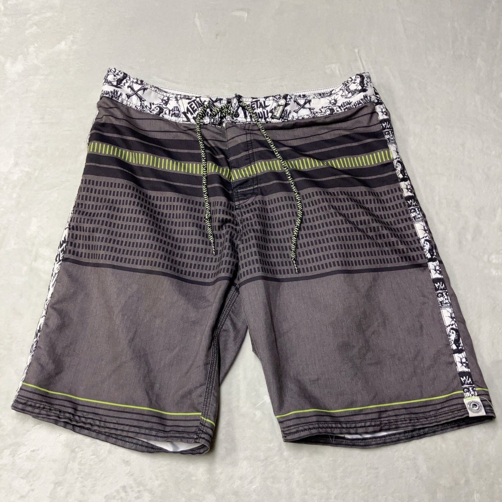 Metal Mulisha Board Shorts Skulls Graphic Striped Swim Trunks Mens‎ 34